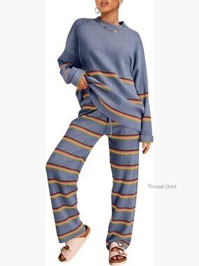 Two Piece Lounge Set - Striped Knit Sweater & Pants - Fall Outfit